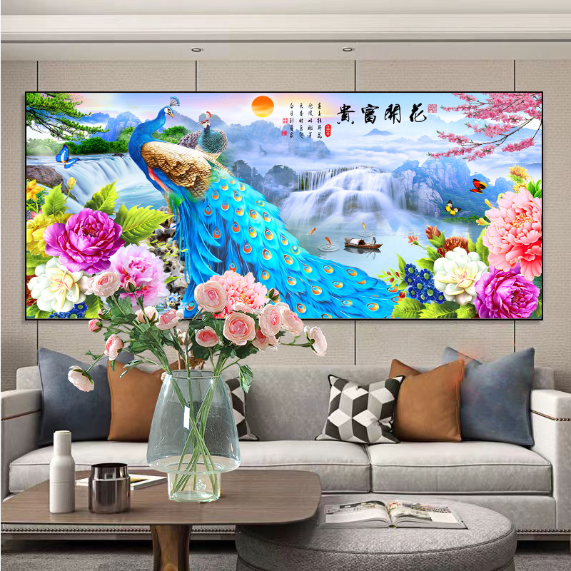 新款满绣十字绣花开富贵蓝孔雀卧室客厅大幅线绣欧式简约手工绣