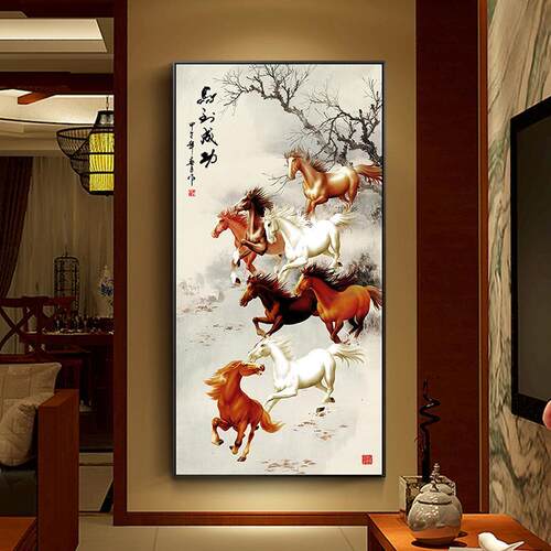 卡卡十字绣八骏图马到成功楼梯间挂画走廊竖版现代中式玄关线绣