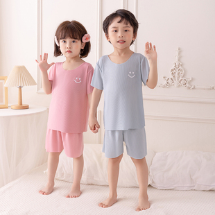 南语亲子儿童冰丝睡衣套装夏薄短袖短裤中大童男童女孩宝宝家居服