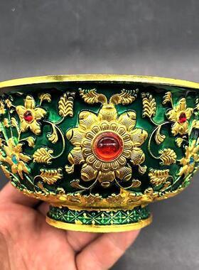 古玩收藏大景泰蓝花开富贵铜鎏金碗仿古家居装饰品摆件