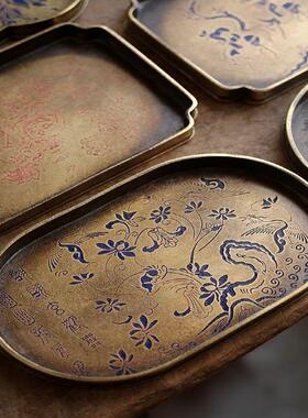 古玩杂项收藏仿古仙鹤水果盘诗句盘子工艺品家居客厅茶托茶盘摆件