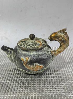 仿古做旧纯铜年年有余酒壶中国风客厅文玩摆件