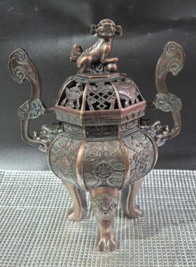 古玩铜器收藏铜摆件象腿如意耳八宝狮盖炉铜熏香炉打磨中式复古