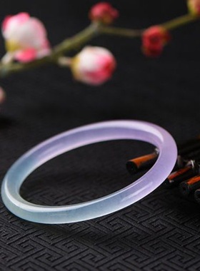 翡翠紫罗兰手镯冰种细圆条手镯玉石叮当镯子半紫半蓝女款镯子