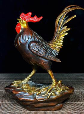 仿古纯铜鎏金描彩金钱公鸡办公室家居自用客厅文玩摆件生肖鸡摆件