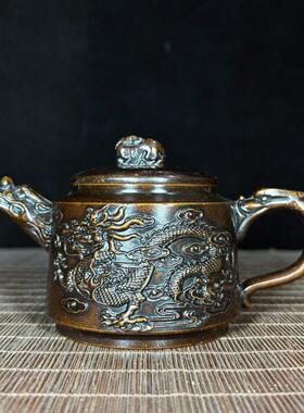 复古纯铜高浮雕龙凤龙头壶嘴貔貅盖螭龙把壶国风客招待茶几摆件