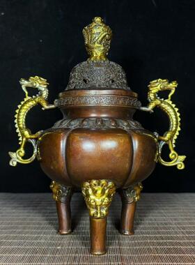 纯铜鎏金龙耳兽足五福缠枝莲纹龙钮盖仿古香炉大型香炉摆件
