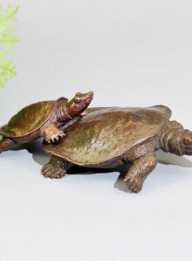 仿古富甲一方铜器福禄纳福子母乌龟怀旧实心网红茶宠桌面摆件