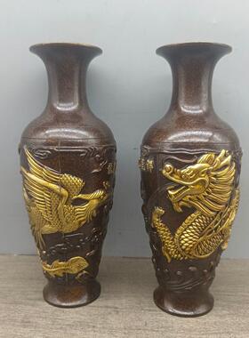 花瓶摆件一对仿古铜摆件龙凤呈祥花瓶古色古香中式婚房卧室