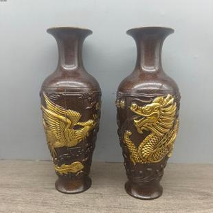 花瓶摆件一对仿古铜摆件龙凤呈祥花瓶古色古香中式婚房卧室