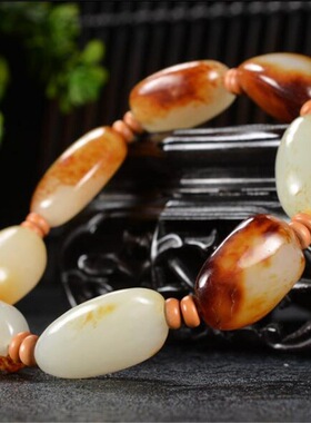 和田白玉籽料原石手链男女款枣红色随型籽料原石手串手链