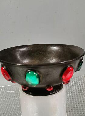 古玩宝石仿古黄铜花纹碗元宝锭镶嵌摆件收藏客厅茶几古风摆件