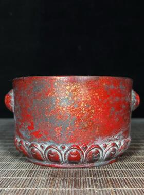 老铜胎手工洒金皮大红袍天鸡耳炉莲花兽耳供香炉仿古客厅装饰品