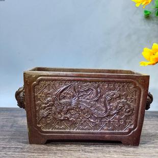 清仓纯铜方形双兽耳凤凰马槽炉大香炉摆件