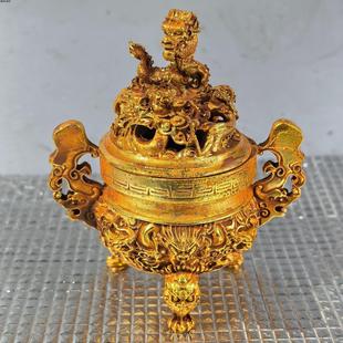 仿古纯铜古玩收藏铜鎏金三足二龙戏珠香薰炉香炉纯铜客厅国风摆件