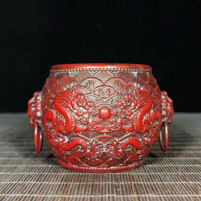 仿古纯铜老铜胎洒金红袍双龙戏珠兽头环海纹缸中式客厅书房笔洗