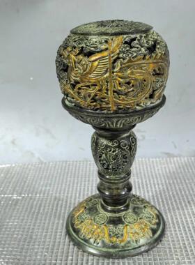 复古国风古玩铜器收藏双凤纯铜鎏金灯笼镂空香炉家居摆件