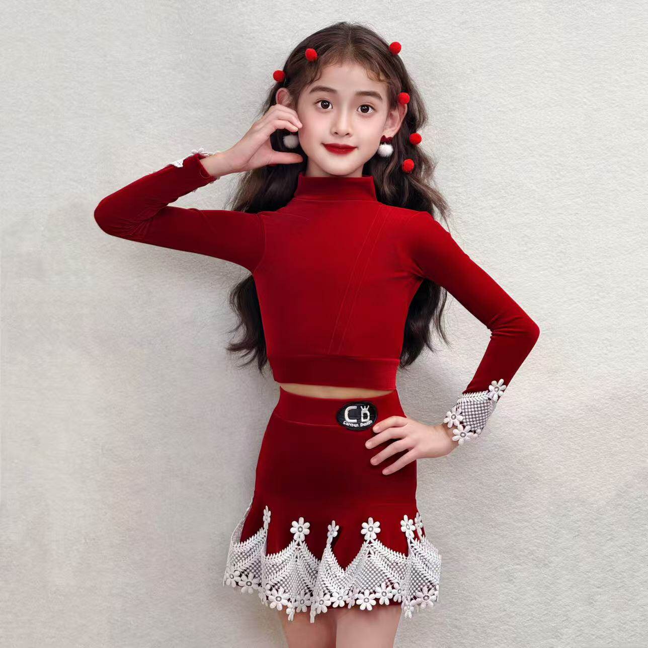 CD卡门圣诞新年丝绒女童拉丁练功练习服专业舞蹈艺考秋冬保暖舒适