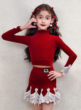 CD卡门圣诞新年丝绒女童拉丁练功练习服专业舞蹈艺考秋冬保暖舒适