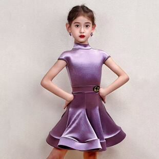 CD卡门亮面丝绒电光紫短袖拉丁舞女童少儿考级专业比赛标准规定服