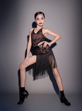 CD卡门焦糖玛奇朵夏季拉丁舞练习服蕾丝分体两件双层流苏美背露腰