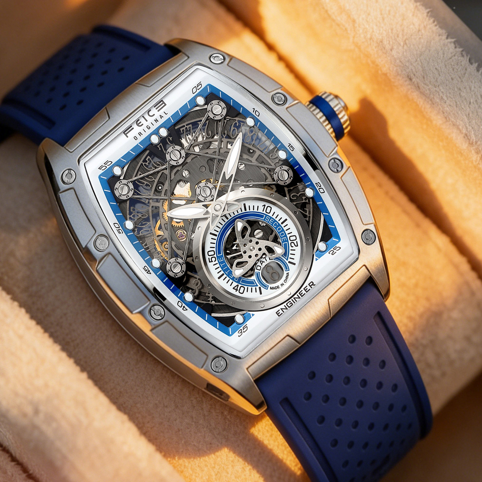 飞克品牌酒桶形高端手表男士全自动镂空机械表夜光防水男士腕表