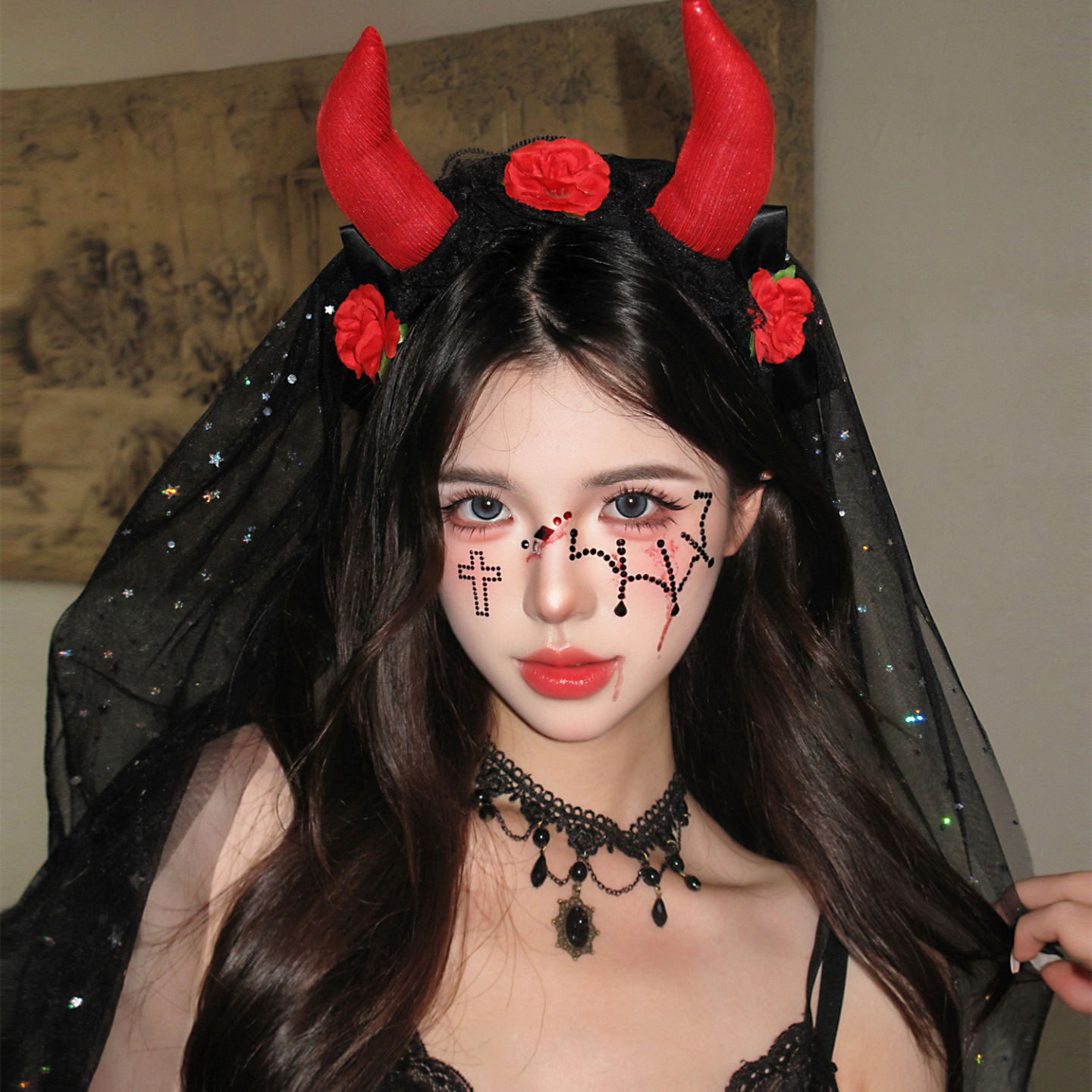 万圣节头饰红色恶魔角网纱发箍女暗黑系搞怪红玫瑰头箍高级感发卡
