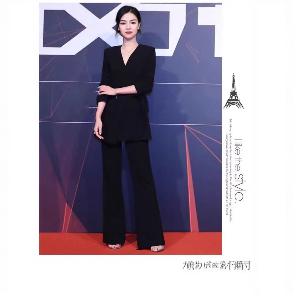 明星同款黑色西装套装女新款系带小西服微喇裤两件套优雅高级感
