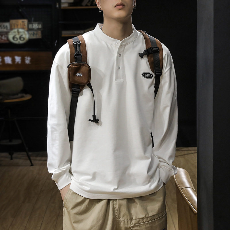 卫衣外套男装春秋重磅亨利领长袖t恤纯棉卫衣美式打底polo衫T恤