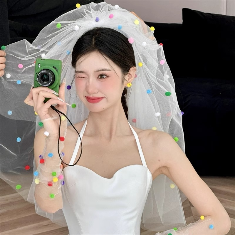 毛球手工头纱手套生日拍照派对婚礼领证多巴胺少女装饰拍照道具品