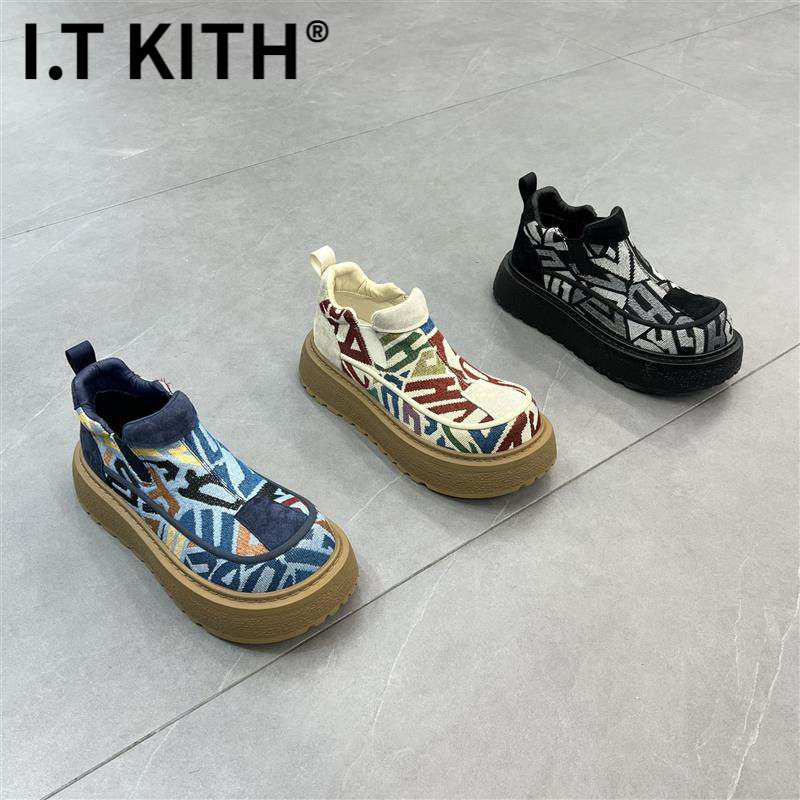 I.T KITH切尔西短靴男款2026春季复古马丁靴一脚蹬花布鞋男厚底休