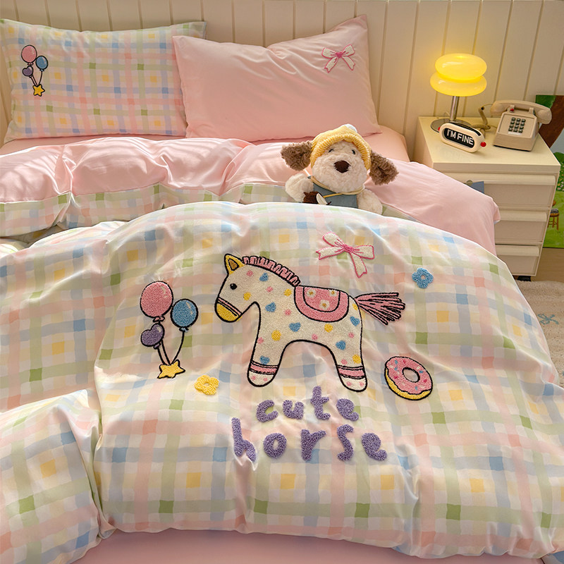 卡通水洗棉毛巾绣床上四件套非全棉纯棉儿童床品宿舍被套床单三件,床上用品,床品套件/四件套/多件套,淘宝优惠券,粉丝福利购,淘宝优惠卷