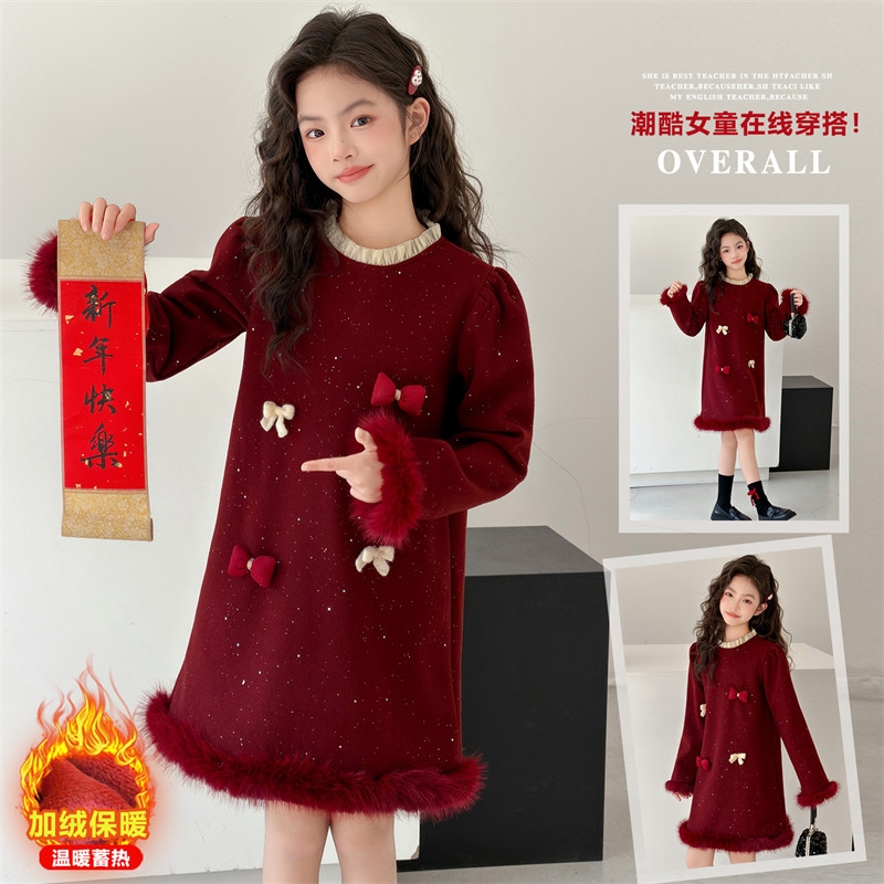 女童连衣裙冬季红色加绒