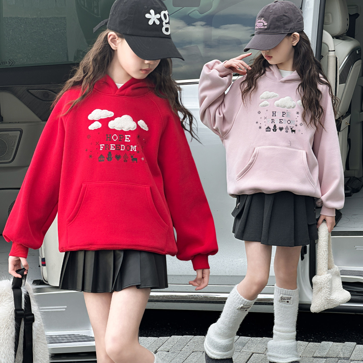 女童冬季加绒卫衣红色