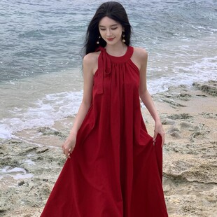 度假风挂脖红色连衣裙女夏云南三亚海边度假氛围感长 原版 尺寸