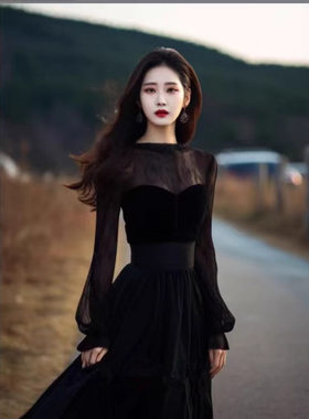 生日成人礼开春穿搭高端轻奢宴会礼服裙收腰黑色丝绒连衣裙女秋冬