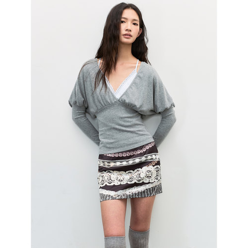 SHIJI花灰色针织低领蕾丝