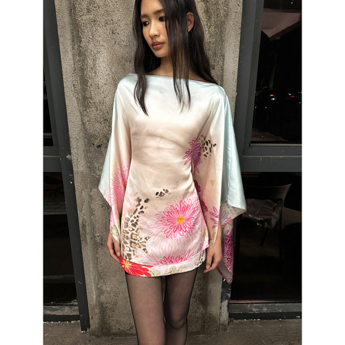 SHIJIRRR 25SS原创设计球菊豹纹印花缎面雪纺披肩长款绑带上衣