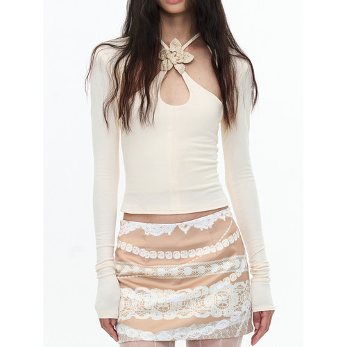 SHIJI水滴领针织立体花上衣