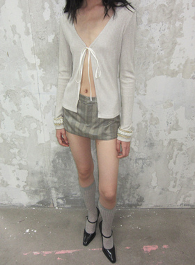 SHIJIRRR 25FW蓝色进口醋酸金属纱线混纺卡其色格纹超短裤裙