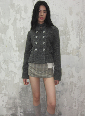 SHIJIRRR 25FW花灰色全羊毛双排扣修身短款外套