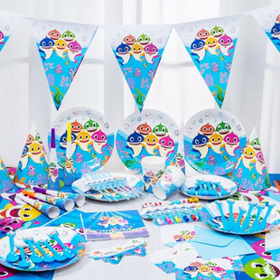 兒童生日戶外party派對布置用品鯊魚寶寶主題卡通餐盤一次性桌布