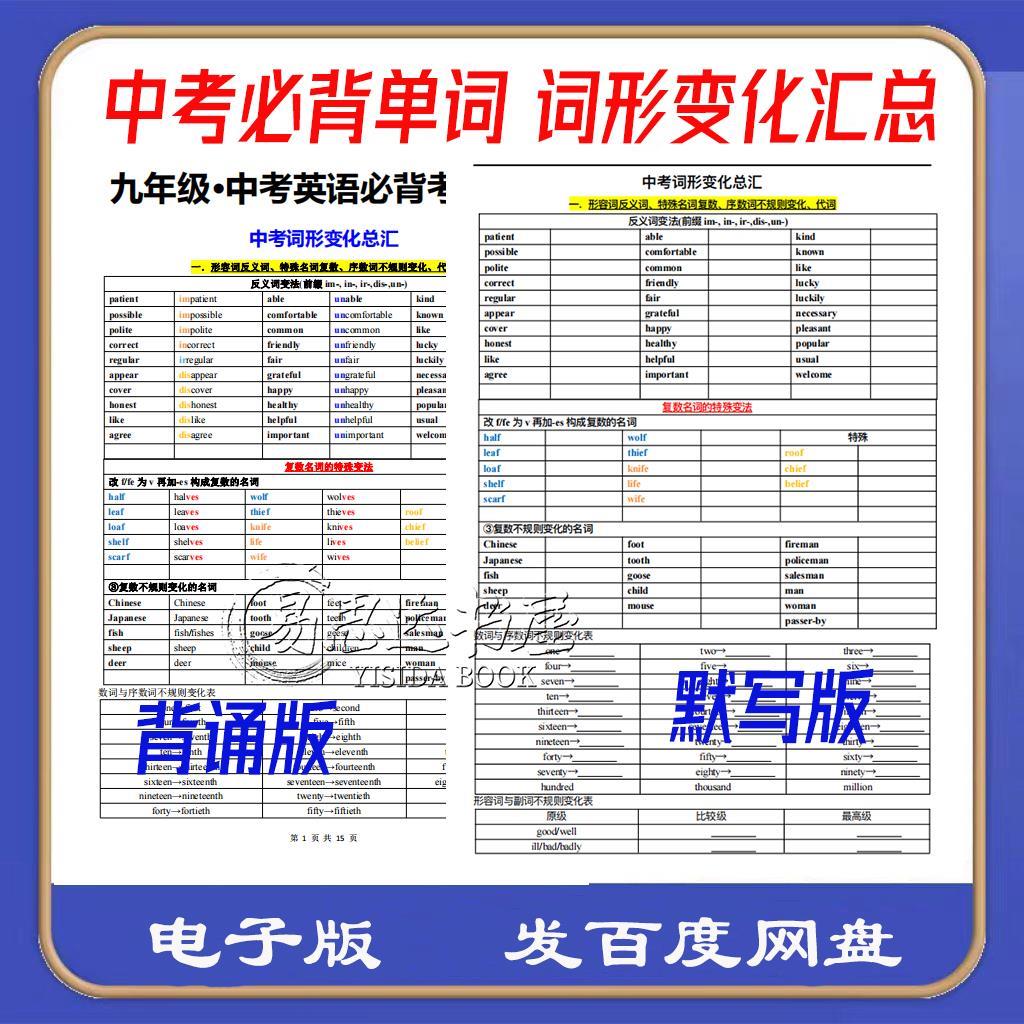 初中通用中考必备词形变化总汇 自学资料教学资料电子版PDF