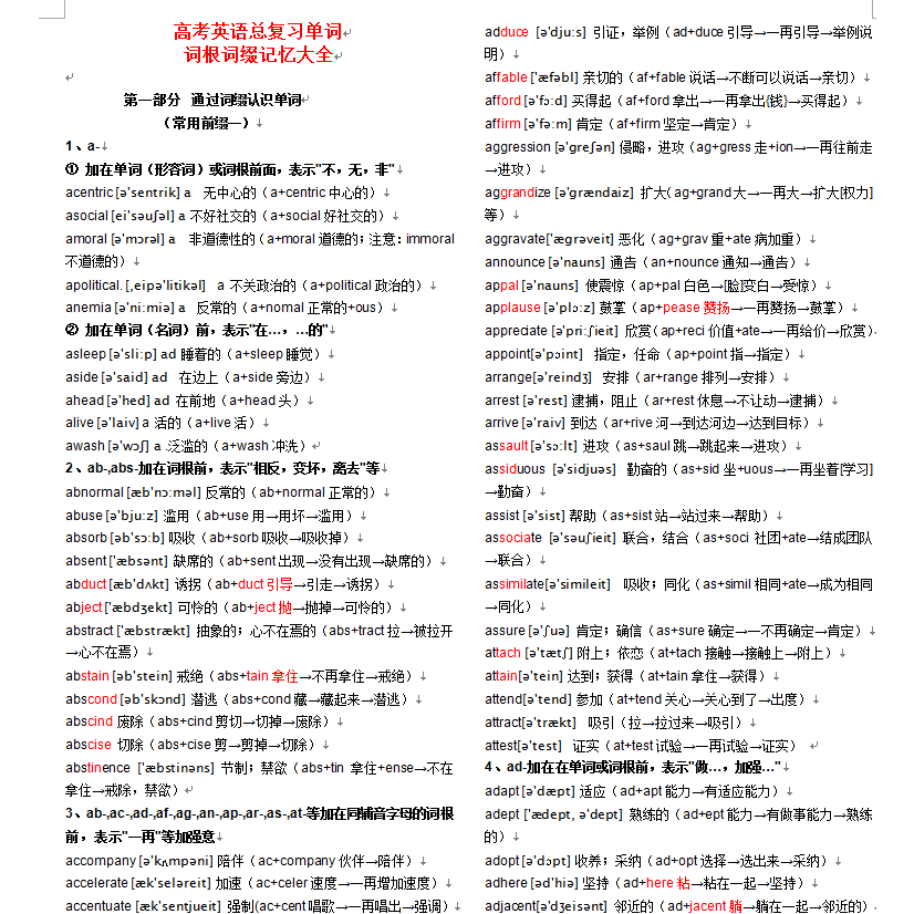 高中高考英语总复习单词词根词缀记忆大全word电子版