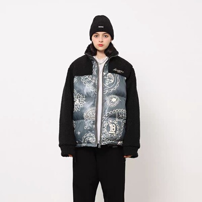 AMONSTER 美式复古街头恐龙腰果花拼接羊羔毛羽绒服面包服外套
