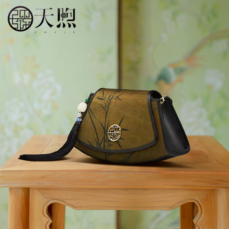 Pmsix天煦原创设计女包新中式国风桑蚕丝牛皮复古单肩斜挎手提包