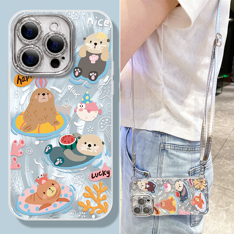 夏日海洋元素苹果16手机壳带挂绳可爱小动物iPhone15女款斜挎可背14plus硅胶12全包11防摔13promax自带镜头膜