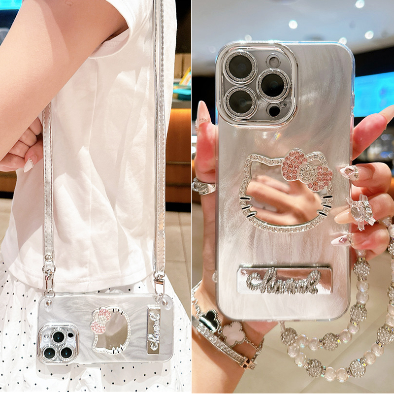 适用红米note15手机壳凯蒂猫补妆镜子支架note14自带镜头膜note13防摔全包note12珍珠挂绳Turbo4pro斜挎可背