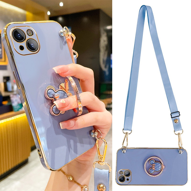 米奇适用苹果13手机壳新款镶钻支架指环扣一体12promax斜挎可背iPhone11带挂绳xr镜头全包xs防摔7p/8plus硅胶