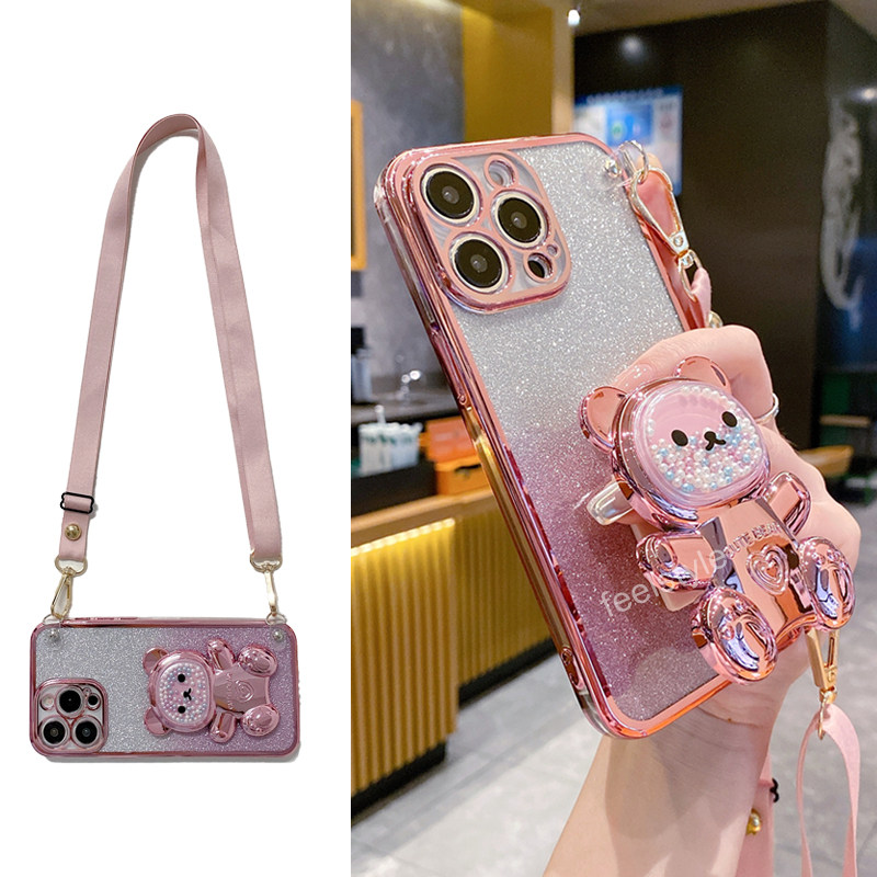 适用三星Galaxy S24手机壳小熊折叠支架S23Ultra防摔s22plus镜头全包边s21+闪粉硅胶s20fe斜挎可背s25带挂绳